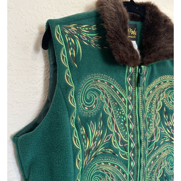 Bob Mackie Vest Women's size Medium  Vintage Green Fleece Embroidered Zip Collar - Picture 7 of 11